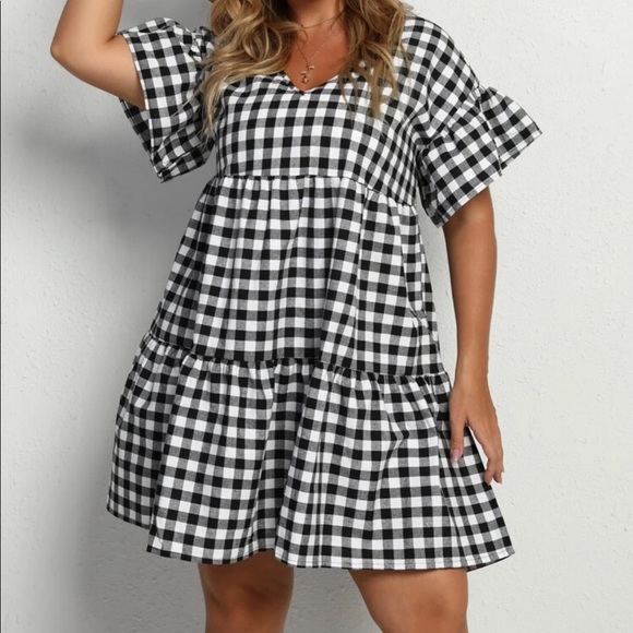 Boho plus size gingham flounce sleeve dress - Picture 8 of 12